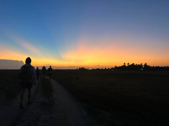 Silhouetten von Wanderern auf einem flachen Sandweg, die einem leuchtend orangefarbenen Sonnenuntergang mit Palmen am Horizont entgegengehen