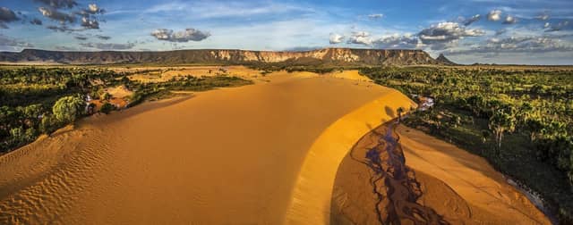 Aerial panorama of Jalapão tours highlight: a sweeping golden sand dune ridge flanked by dense Cerrado palm savanna, with a winding stream channel at its base and flat-topped sandstone mesa formations rising on the horizon under a dramatic cloudy sky