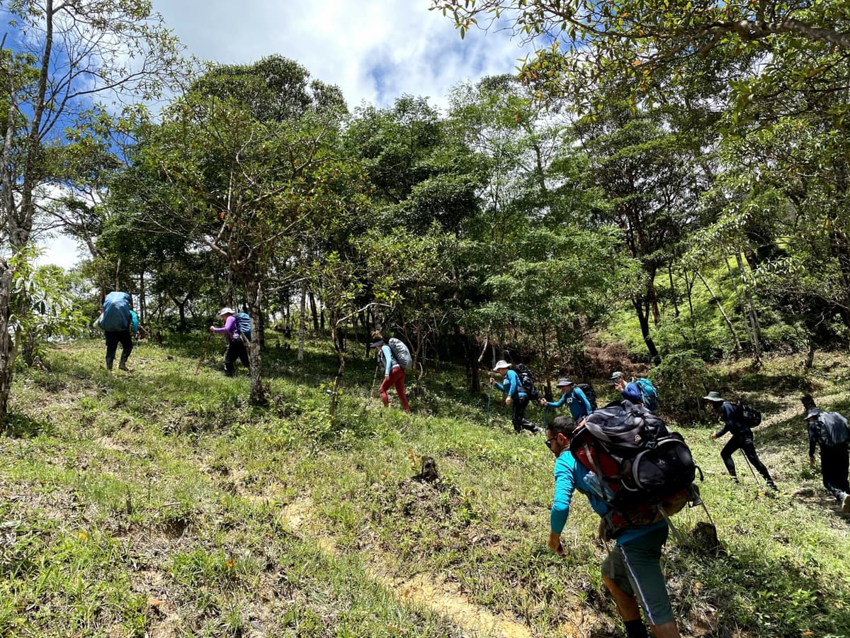 Le groupe de randonneurs gravissant un sentier de montagne au Vale do Pati