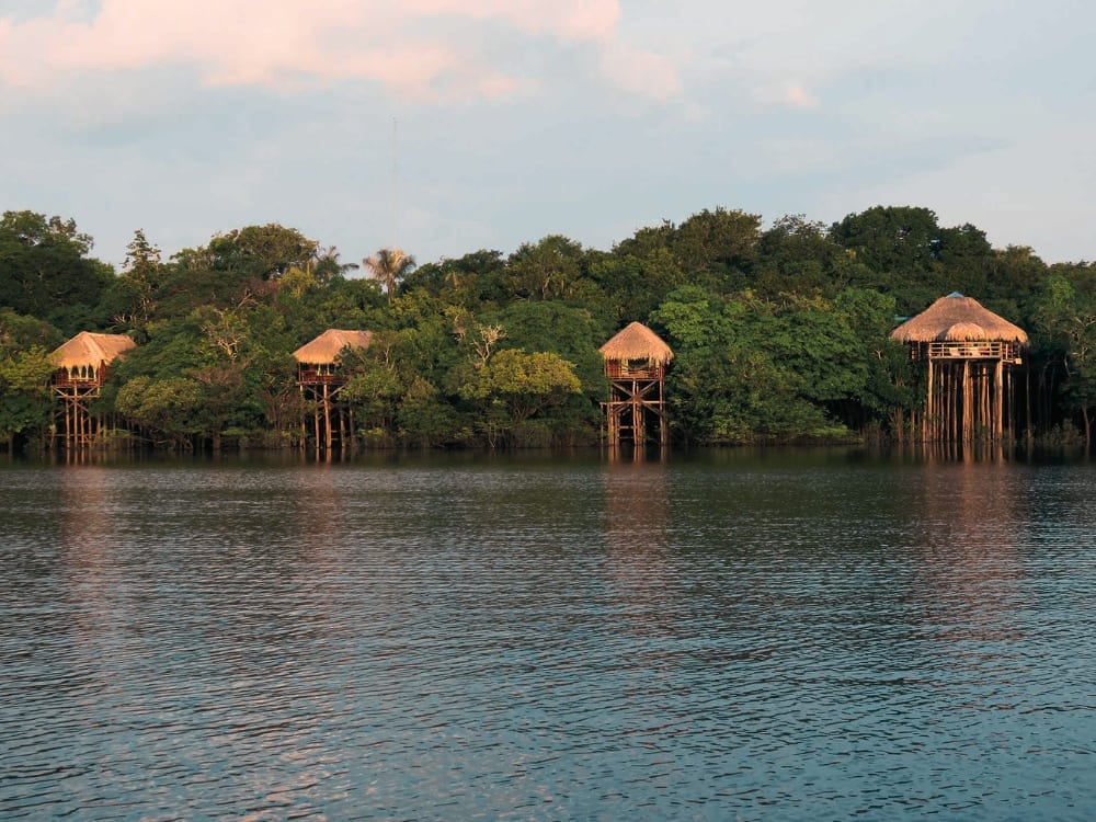 High-end bungalows built on tall stilts over the river at Juma Amazon Lodge, a premier Amazon jungle lodge in Brazil.