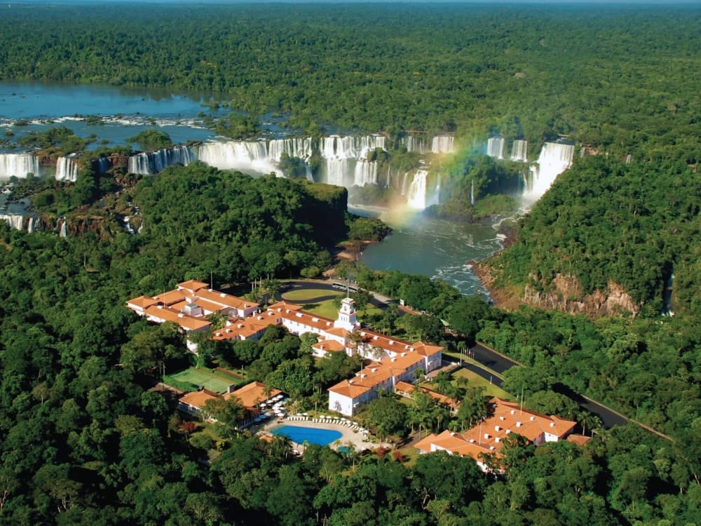 Aerial view of Belmond Hotel das Cataratas nestled in the forest near the Iguacu Falls.