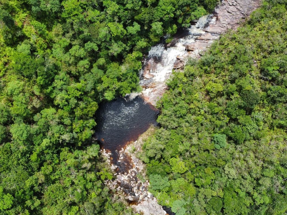 Luftaufnahme des dunklen Wassers des Poço da Árvore, eines ruhigen natürlichen Beckens, das von üppig grüner Vegetation umgeben ist. Luftaufnahme des dunklen Wassers des Poço da Árvore, eines ruhigen natürlichen Beckens, das von üppig grüner Vegetation umgeben ist.