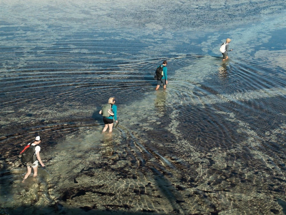 Un gruppo di viaggiatori con guida attraversa a piedi l'acqua bassa tra le dune di sabbia infinite, durante un tour nei Lençóis Maranhenses. Un gruppo di viaggiatori con guida attraversa a piedi l'acqua bassa tra le dune di sabbia infinite, durante un tour nei Lençóis Maranhenses.