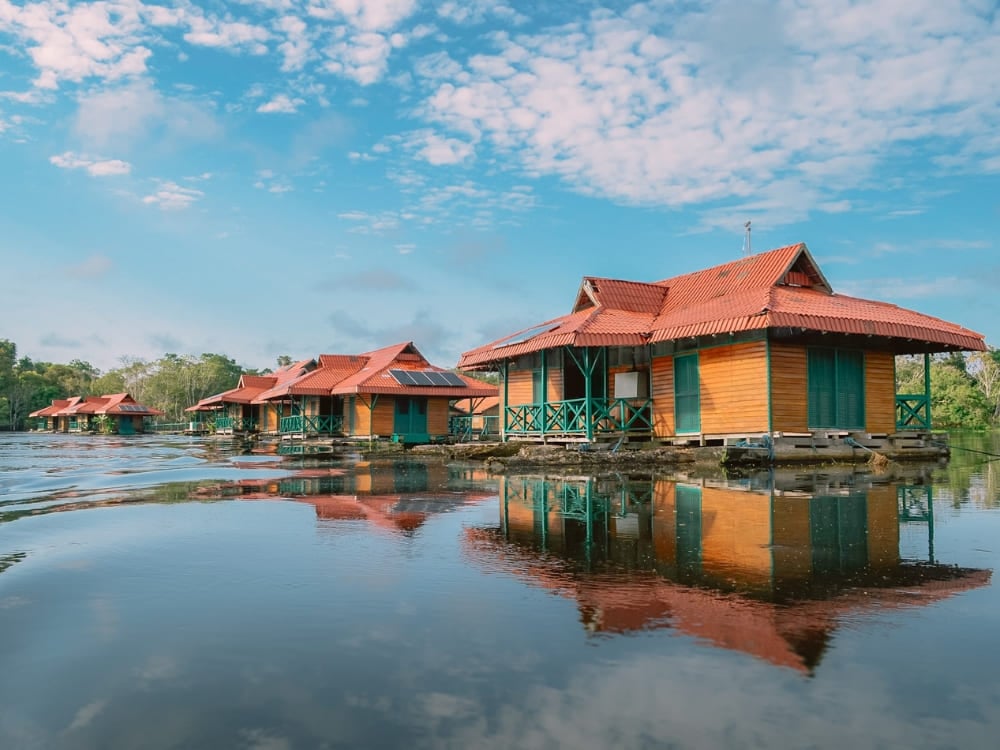 Floating bungalows on the river water at Uakari Lodge, an immersive Amazon rainforest lodge experience. Floating bungalows on the river water at Uakari Lodge, an immersive Amazon rainforest lodge experience.