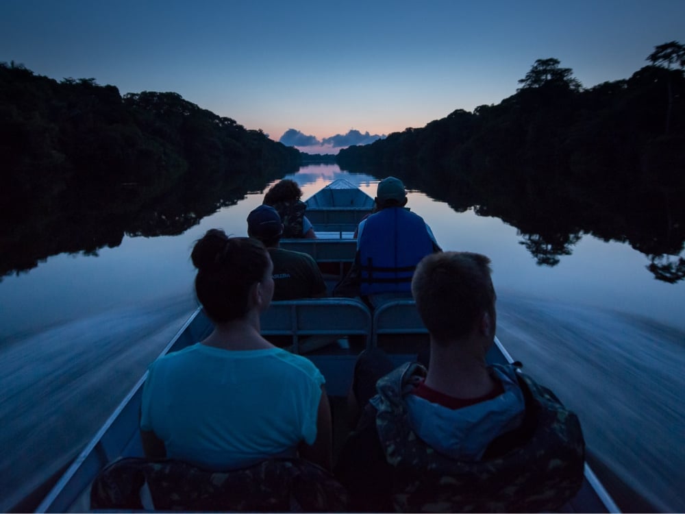 Turisti a bordo di una canoa a motore esplorano le acque calme di un fiume della foresta amazzonica all'imbrunire. Turisti a bordo di una canoa a motore esplorano le acque calme di un fiume della foresta amazzonica all'imbrunire.