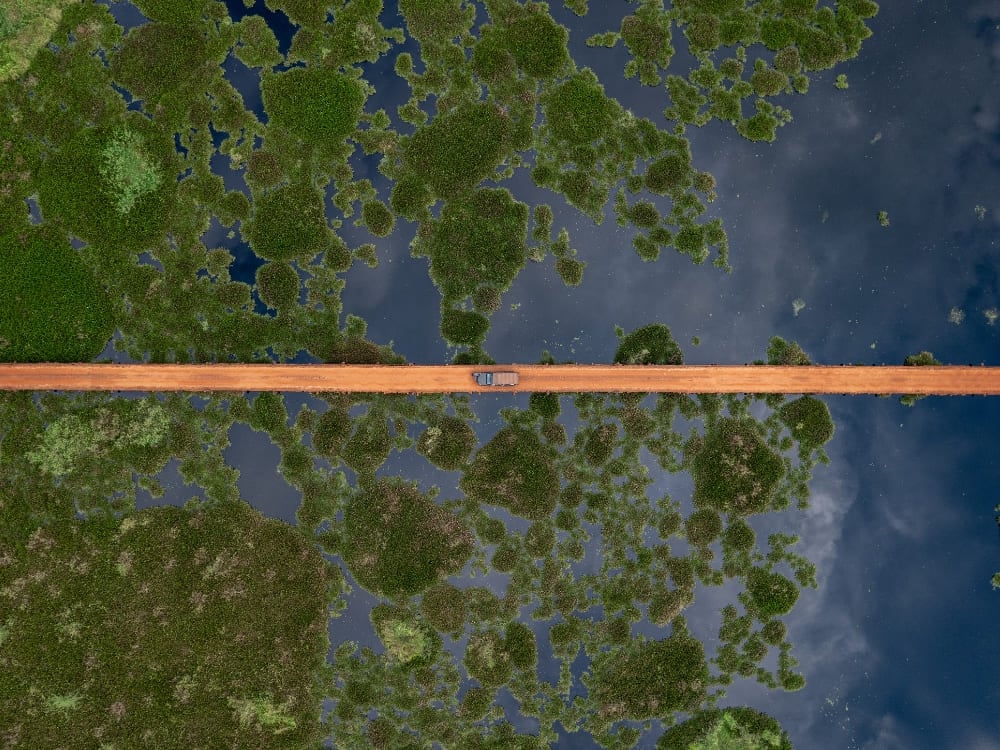 Scatto aereo di una strada sterrata dritta che taglia il paesaggio verde e allagato del Pantanal, in Brasile. Scatto aereo di una strada sterrata dritta che taglia il paesaggio verde e allagato del Pantanal, in Brasile.