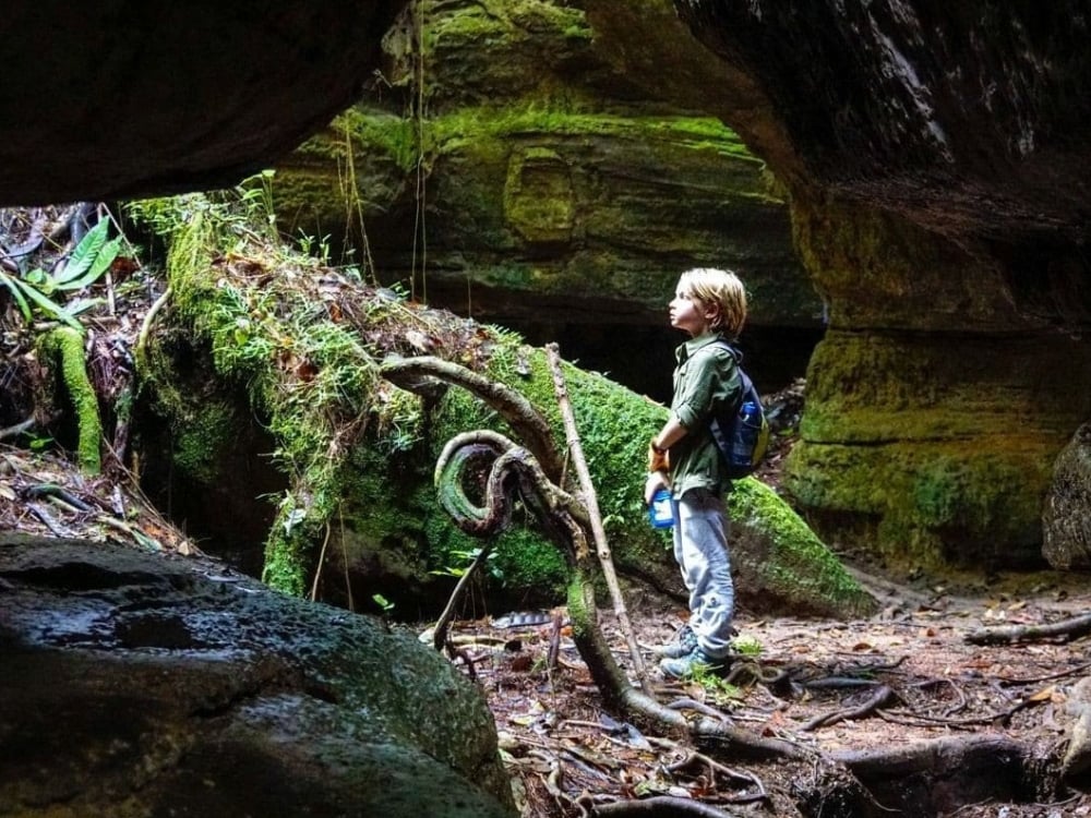 Bambino in piedi all'ingresso di una grotta ricoperta di muschio mentre esplora la giungla amazzonica. Bambino in piedi all'ingresso di una grotta ricoperta di muschio mentre esplora la giungla amazzonica.