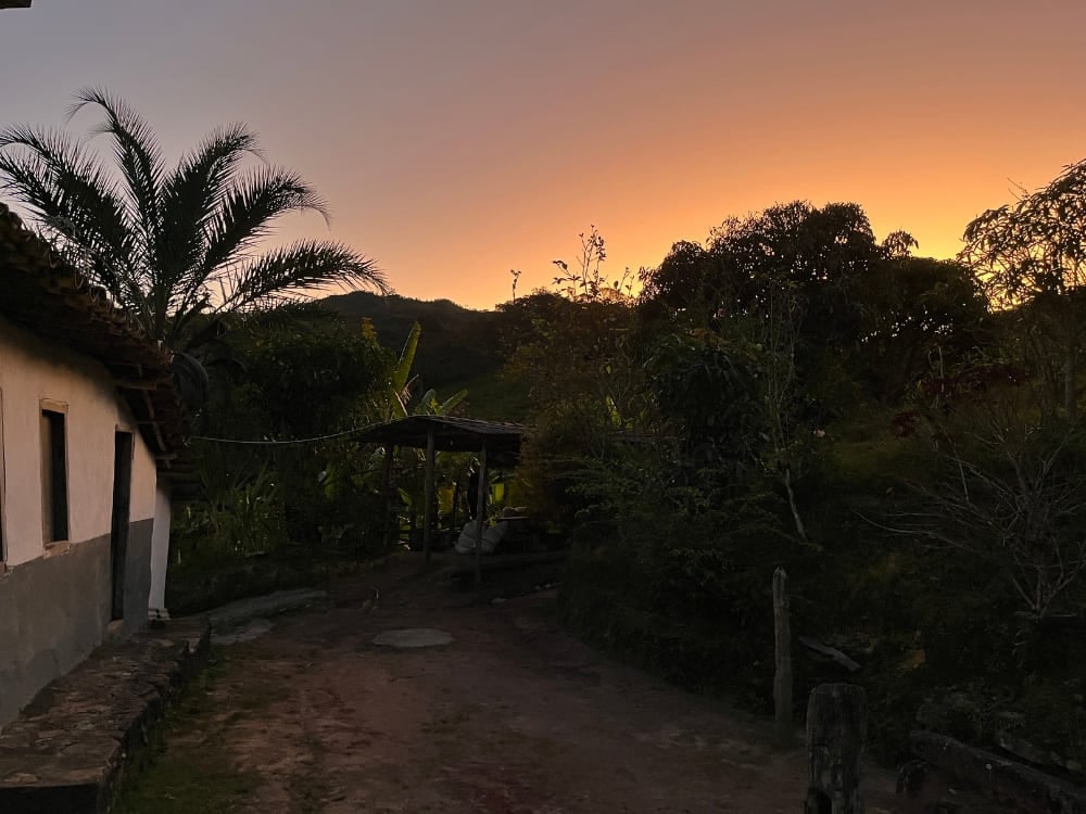Silhouette di una casa di famiglia e di alcune palme nella Vale do Pati, contro un tramonto arancione acceso. Silhouette di una casa di famiglia e di alcune palme nella Vale do Pati, contro un tramonto arancione acceso.
