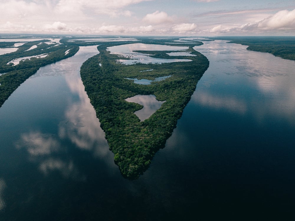 Breathtaking aerial view of a river fork and lush green islands in the Amazon basin, highlighting the region's vast hydrology and beauty. Breathtaking aerial view of a river fork and lush green islands in the Amazon basin, highlighting the region's vast hydrology and beauty.