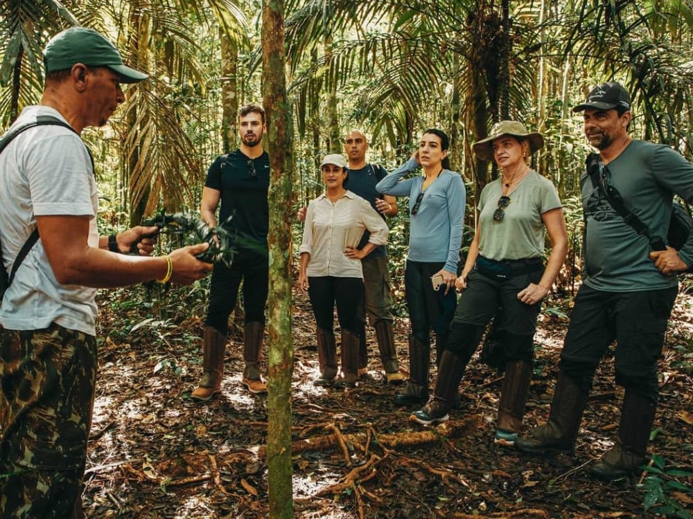 Local guide explaining the flora to a group of tourists during a jungle hiking tour in the Amazon Rainforest. Local guide explaining the flora to a group of tourists during a jungle hiking tour in the Amazon Rainforest.