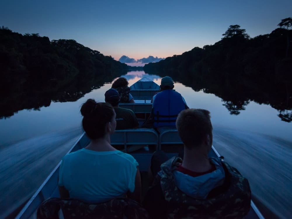 Tourists enjoying a peaceful boat ride on an Amazon river at twilight, observing nature with a local guide to ensure a safe experience. Tourists enjoying a peaceful boat ride on an Amazon river at twilight, observing nature with a local guide to ensure a safe experience.