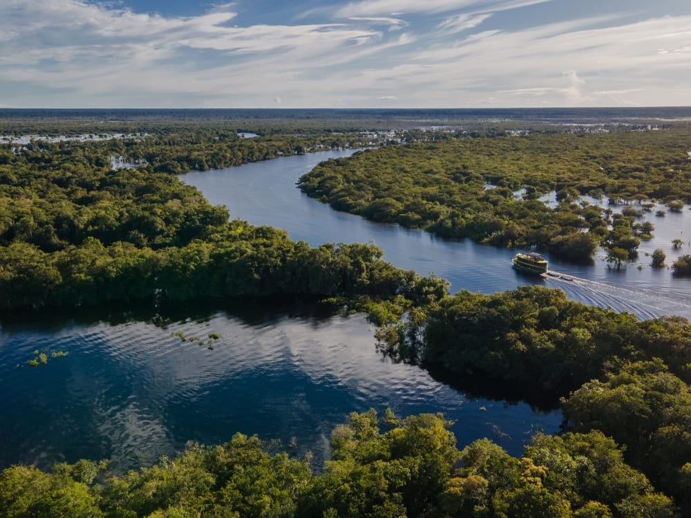 Veduta aerea di un fiume che serpeggia tra la vegetazione verde e rigogliosa, a mostrare la bellezza dell'ecoturismo nella foresta amazzonica. Veduta aerea di un fiume che serpeggia tra la vegetazione verde e rigogliosa, a mostrare la bellezza dell'ecoturismo nella foresta amazzonica.