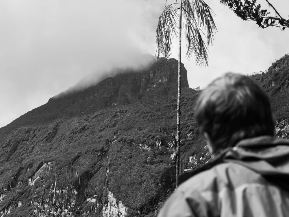 Un escursionista guarda verso la cima avvolta nella nebbia del Pico da Neblina, la vetta più alta del Brasile Un escursionista guarda verso la cima avvolta nella nebbia del Pico da Neblina, la vetta più alta del Brasile