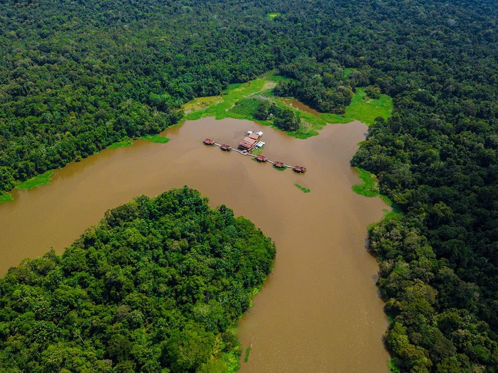 Luftaufnahme einer Öko-Lodge mit schwimmenden Strukturen auf einem sich schlängelnden Fluss, der vollständig von dichtem Wald umgeben ist. Luftaufnahme einer Öko-Lodge mit schwimmenden Strukturen auf einem sich schlängelnden Fluss, der vollständig von dichtem Wald umgeben ist.
