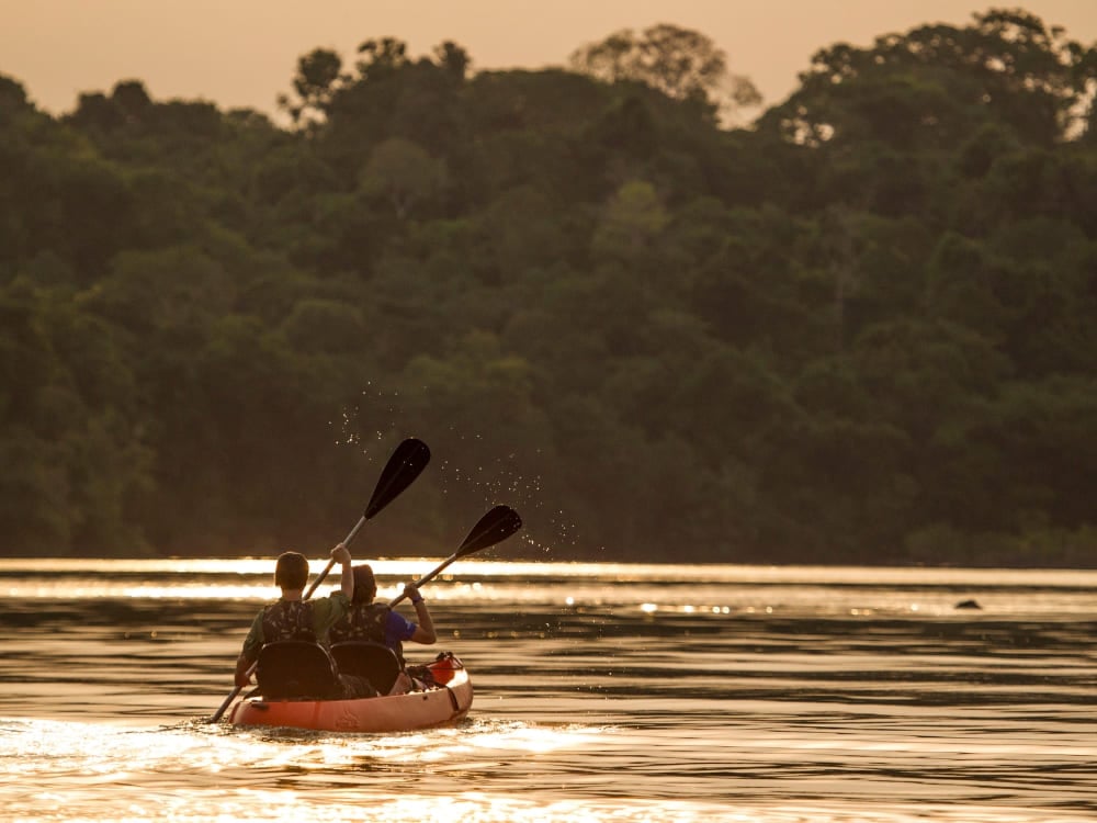 Dos personas remando en kayak por el río Amazonas durante un atardecer dorado. Dos personas remando en kayak por el río Amazonas durante un atardecer dorado.