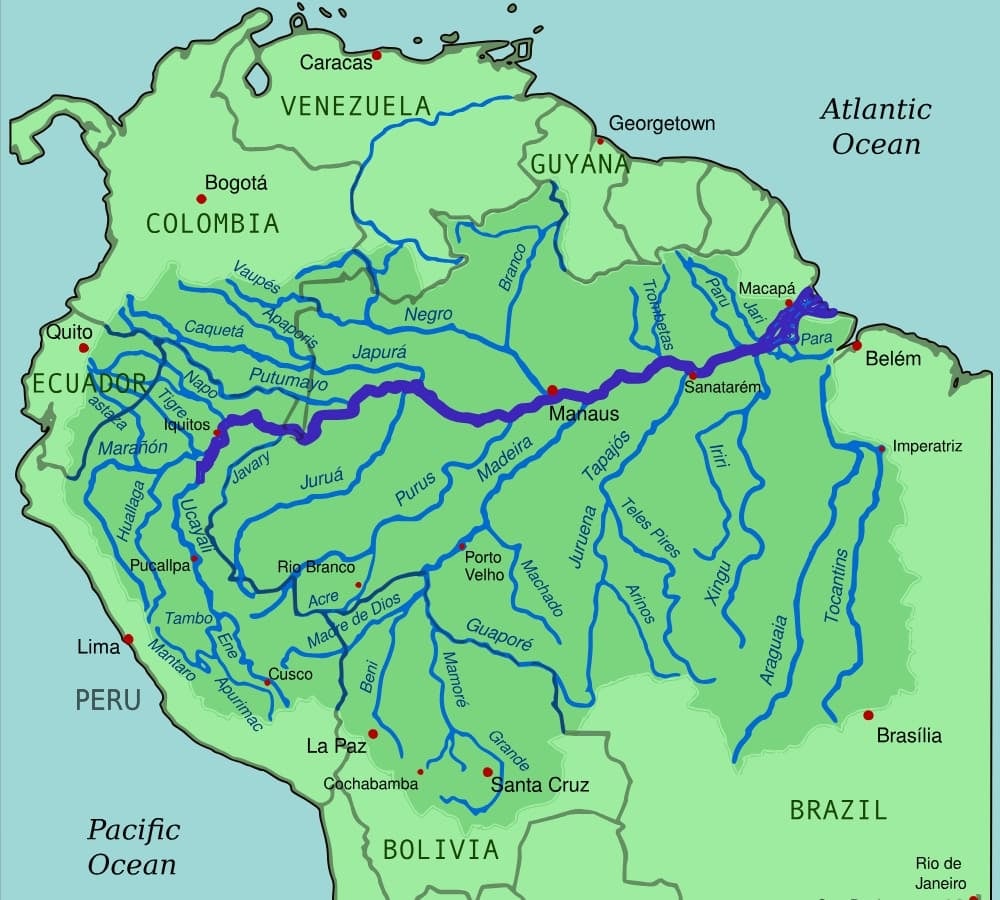 Mapa de Sudamérica que destaca la cuenca del río Amazonas y sus principales afluentes por todo el continente. Mapa de Sudamérica que destaca la cuenca del río Amazonas y sus principales afluentes por todo el continente.