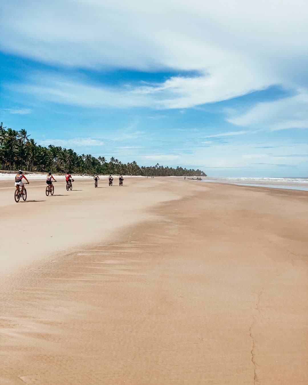 Fester Sand, offene Küste, und noch viel Strand vor uns. Eine Gruppe von sechs Radfahrern fährt entlang eines breiten, flachen Sandstrands auf der Bahia-Radroute, links eine dichte Palmenreihe, rechts der Atlantik unter einem teilweise bewölkten blauen Himmel