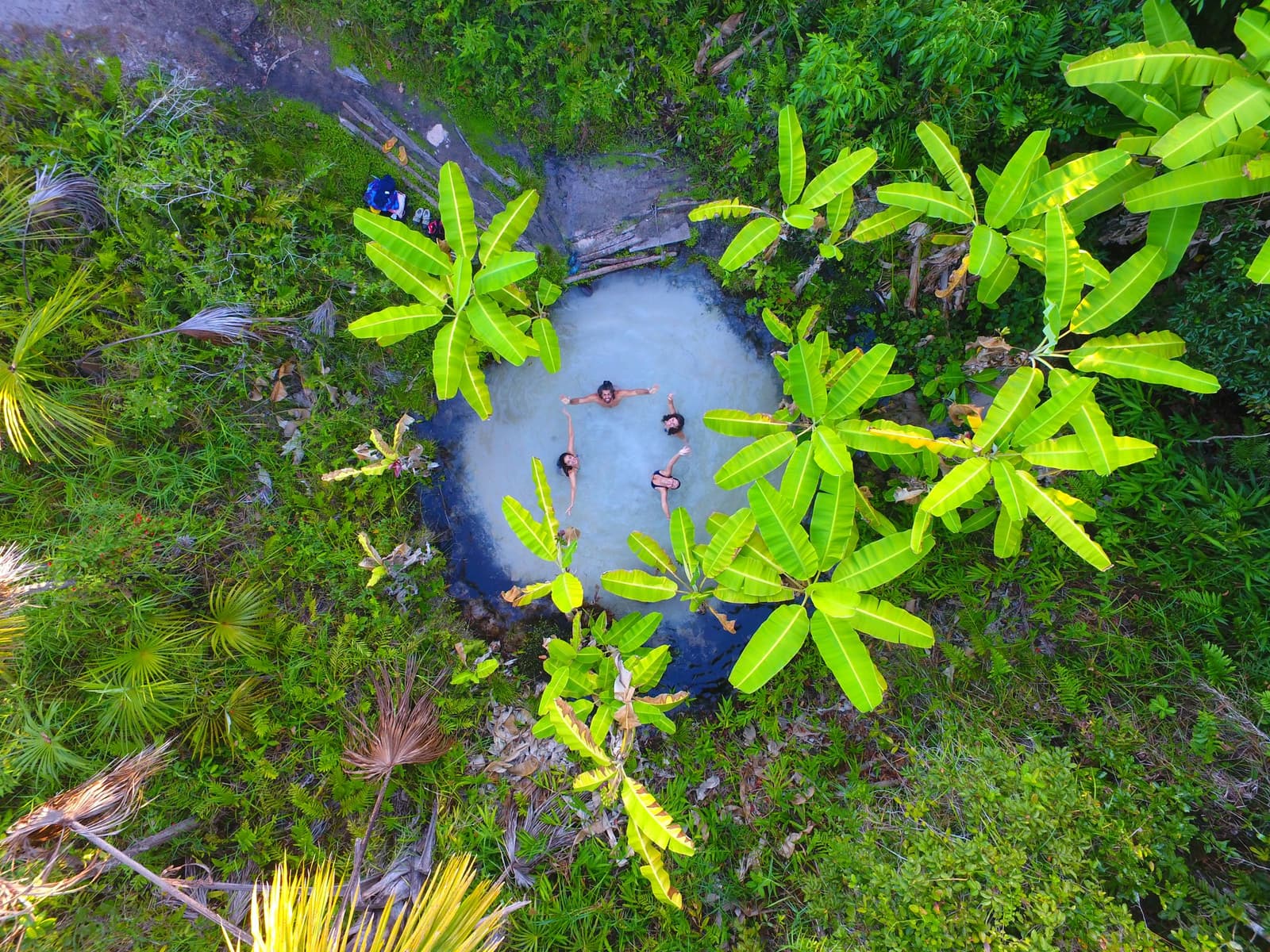 Vier Menschen, eine Quelle, kein Untergehen möglich. Das ist das Versprechen des Fervedouro. Drohnenaufnahme von vier Personen, die mit ausgestreckten Armen in einem kreisförmigen Fervedouro-Naturquell schweben, umgeben von dichtem tropischem Grün mit großen Blättern