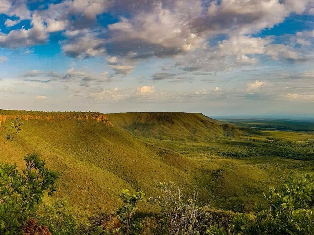 Um 4 Uhr aufgestanden, keinen Moment bereut. Panoramablick von einem hohen Sandsteinplateau in Jalapão auf grüne Cerrado-Vegetation und tafelbergartige Hochebenen bis zum Horizont unter teilweise bewölktem Himmel
