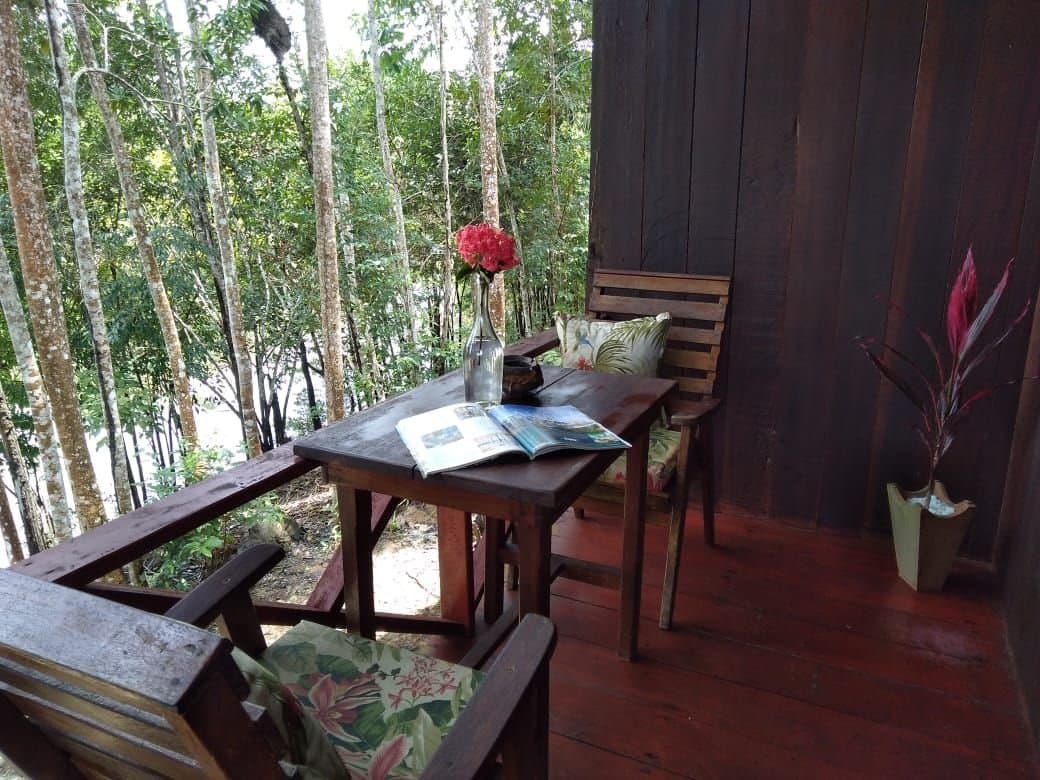 Ein Buch, ein Stuhl, und der Regenwald direkt vor der Nase. Eine schattige Holzveranda der Amazon Turtle Lodge mit einem rustikalen Tisch, aufgeschlagenem Naturbuch, rotem Blumenstrauß und Blick in das Regenwalddach