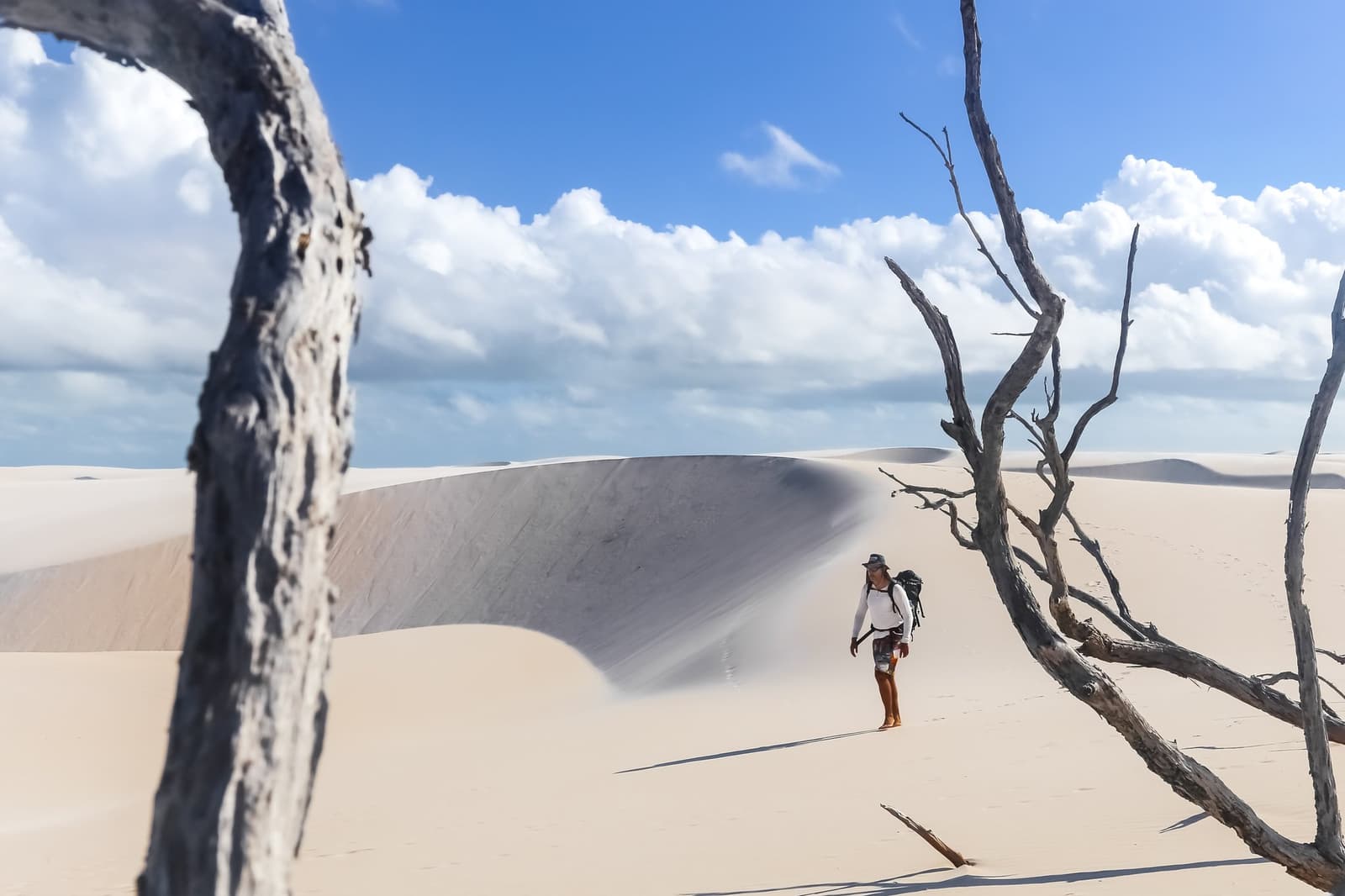 Der Sand hat den Wald begraben, nur diese knorrigen Skelette ragen noch heraus. Ein Wanderer mit Rucksack läuft barfuß über weite weiße Sanddünen im Lençóis Maranhenses, gerahmt von bleichen abgestorbenen Bäumen unter blauem Himmel