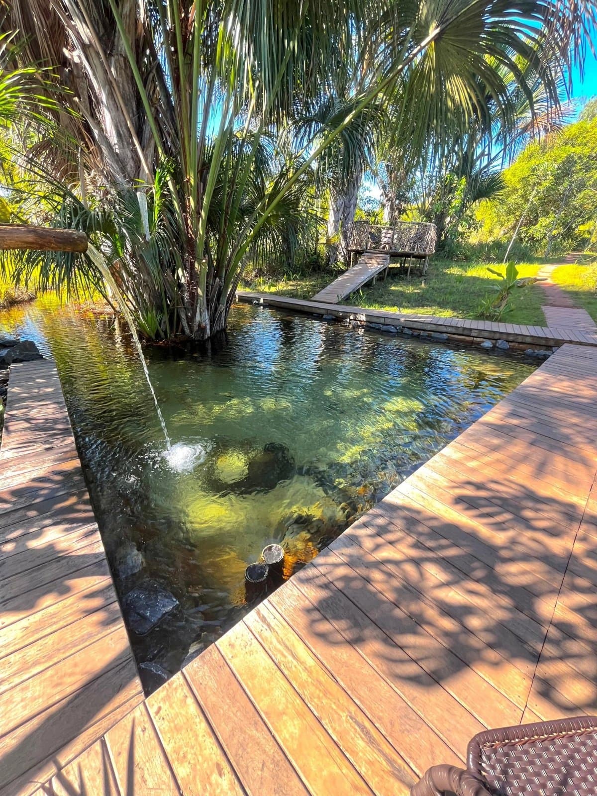 Água limpa, sombra de buriti e nenhuma pressa. Uma piscina natural de água cristalina alimentada por um pequeno jato d'água, emoldurada por buritizeiros e um deck de madeira aquecido pelo sol, com uma passarela e área de descanso sombreada ao fundo em uma aventura pelo Jalapão