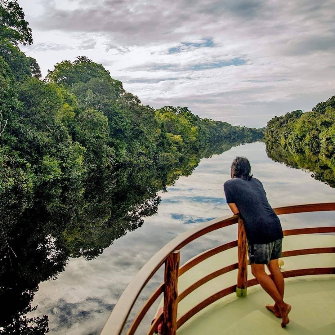 Nur Wald, Wasser und die Stille des Flusses vor einem. Ein Passagier lehnt an der Holzreling des Bugs eines Flussschiffs auf einer Amazonas-Flusskreuzfahrt in Brasilien und blickt einen spiegelglatten Schwarzwasserkanal hinunter, der von dichtem Regenwald gesäumt ist