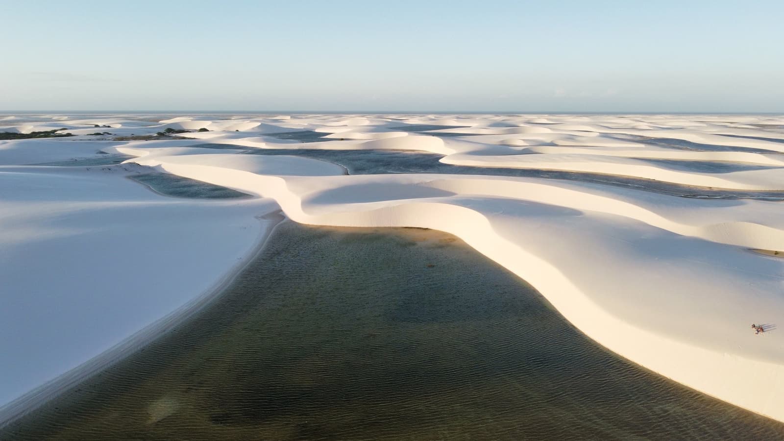 Dünen, die ihre eigenen Seen verstecken. Reisen bildet, manchmal verblüfft es auch. Luftaufnahme der Lençóis Maranhenses mit weißen Sanddünen, die sich um dunkle, klare Süßwasserlagunen schlingen und bis zum Horizont unter einem hellblauen Himmel reichen