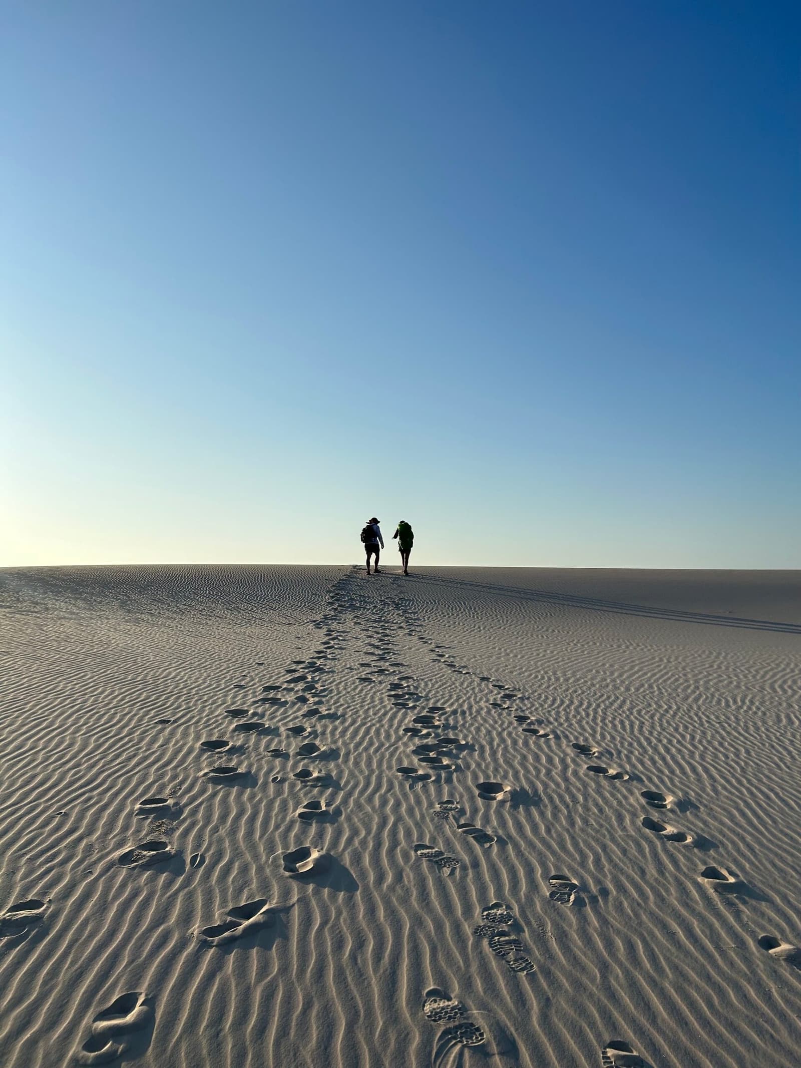 Deux paires d'empreintes, un horizon sans fin, et personne pour les presser. Deux randonneurs avec des sacs à dos en silhouette sur une immense dune de sable blanc ondulée lors d'un trek dans les Lençóis Maranhenses, une longue traînée d'empreintes s'étirant derrière eux sous un ciel bleu limpide