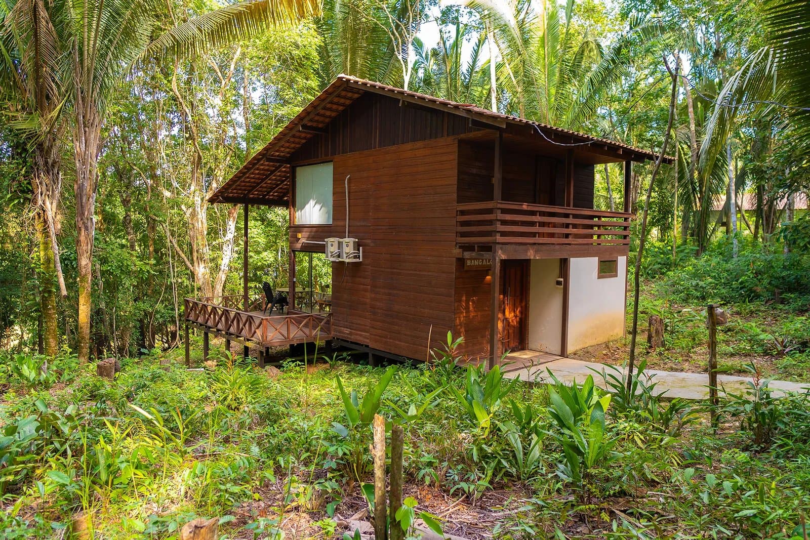 Klein gebaut, riesiger Wald drumherum, so schläft man im Amazonas. Erhöhter Holzbungalow einer Amazon-Boutique-Lodge, umgeben von hohen Palmen und dichtem tropischen Unterholz, mit umlaufender Terrasse und sichtbaren Stühlen