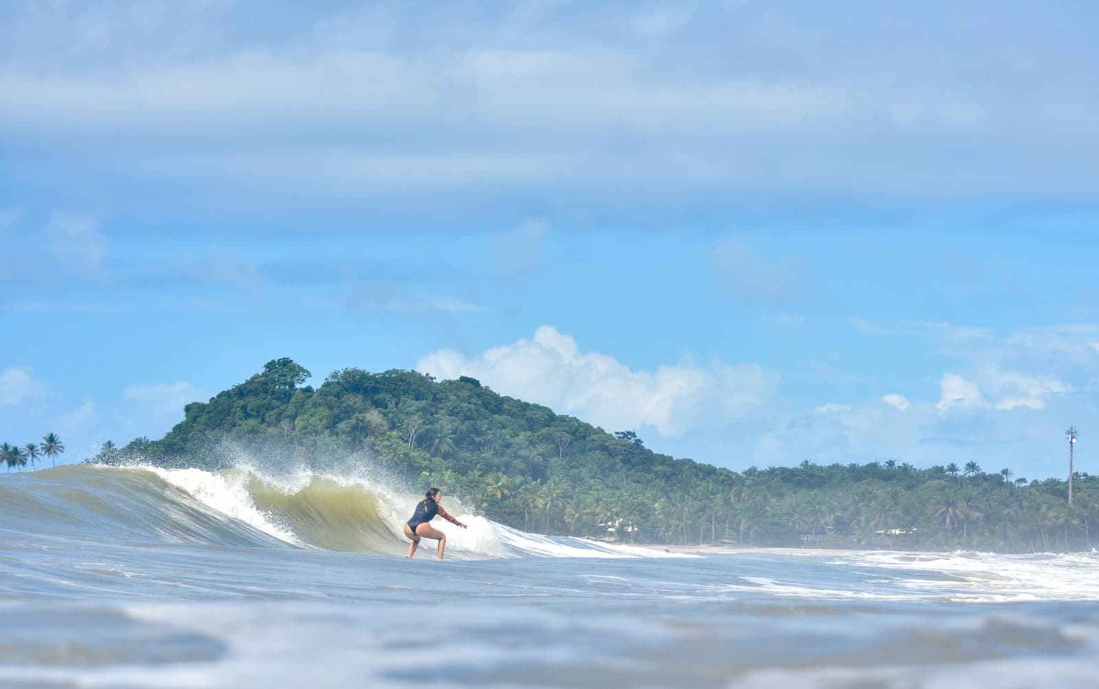 Onda fechando do jeito certo, sem ninguém na frente. Há dias que chegam assim. Photo: Picasa Uma mulher se agacha sobre a prancha durante aulas de surf em Itacaré, com uma onda perfeita quebrando em frente a um morro coberto de mata sob um céu azul.
