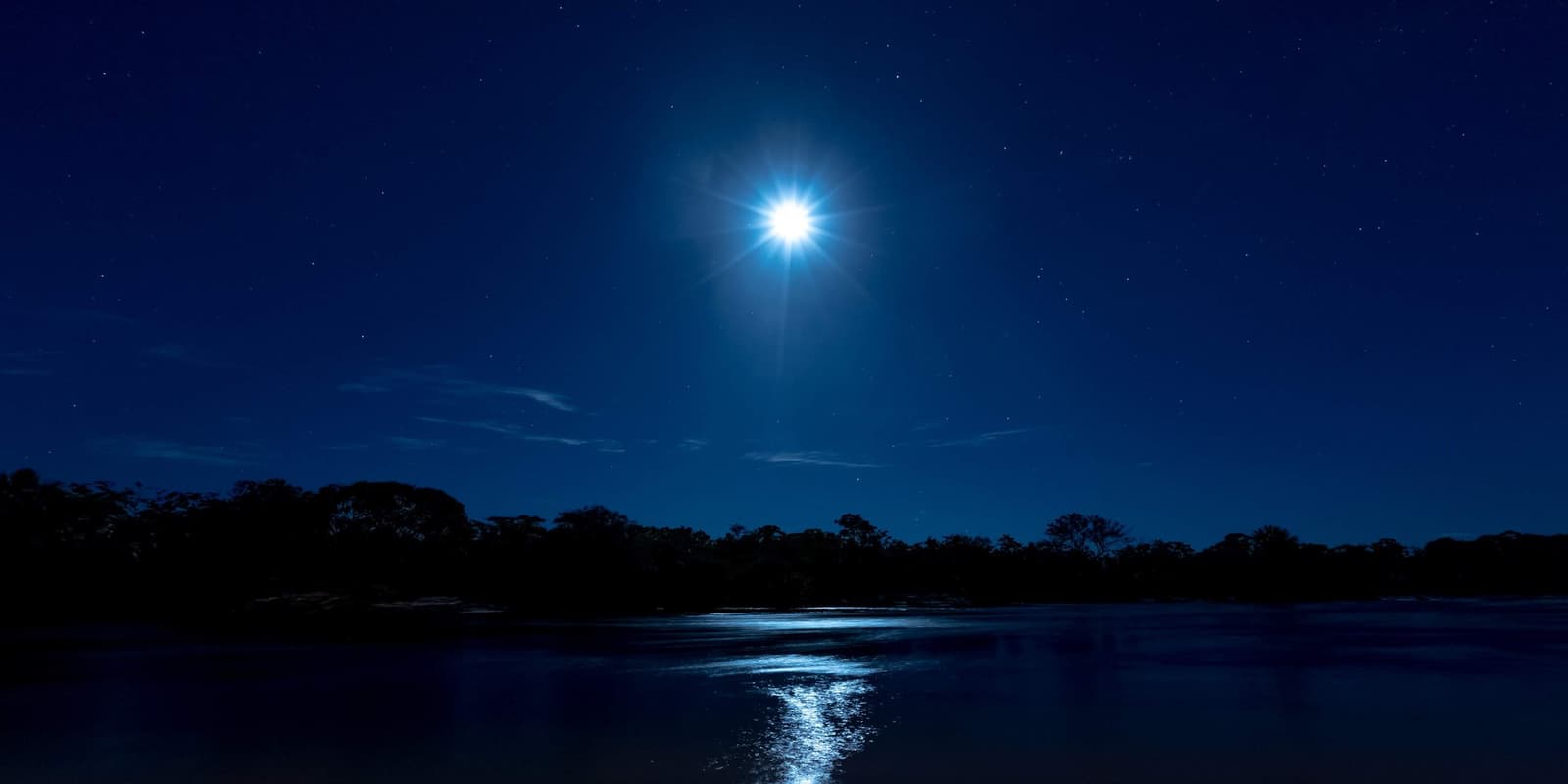 Mondlicht leistet hier draußen, was Lichtverschmutzung nie durfte. Photo: Alberto Andrich Vollmond über einem dunklen Fluss in der Nacht, sein Licht spiegelt sich als heller Streifen auf dem stillen Wasser, mit einer dichten Baumsilhouette am gegenüberliegenden Ufer unter einem tiefen, blauen Sternenhimmel