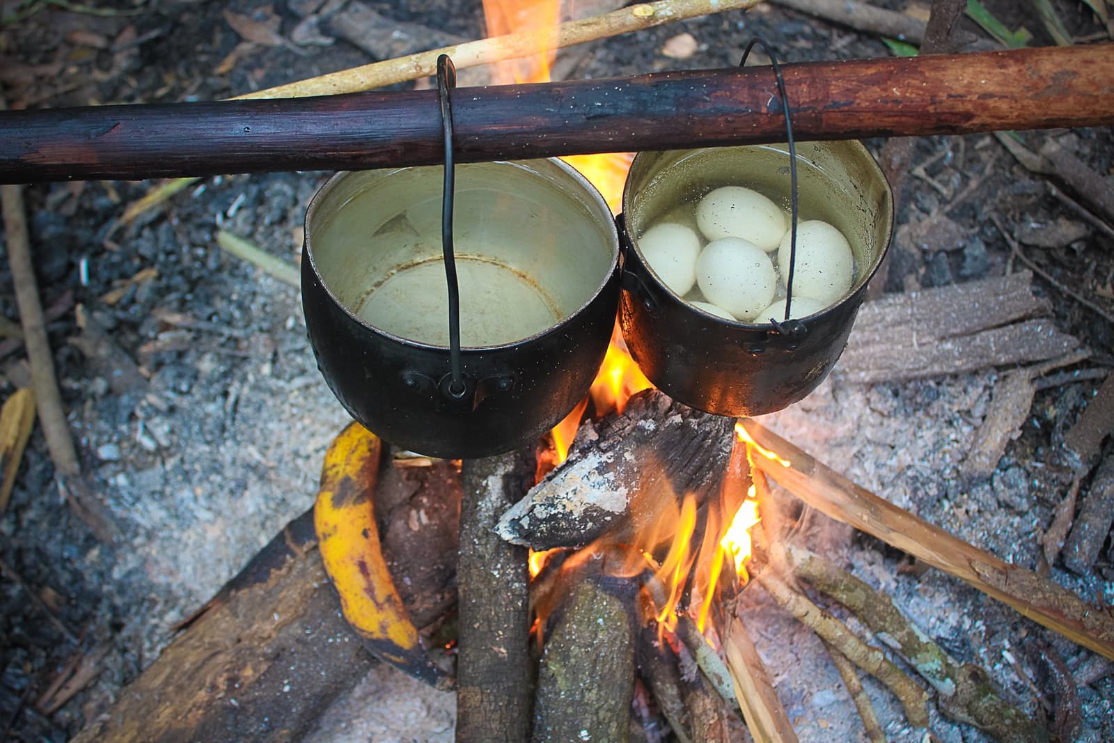 Le repas du soir se prépare sans four ni micro-ondes. Deux marmites noircies suspendues au-dessus d'un feu de bois en pleine jungle, l'une contenant des œufs en train de bouillir