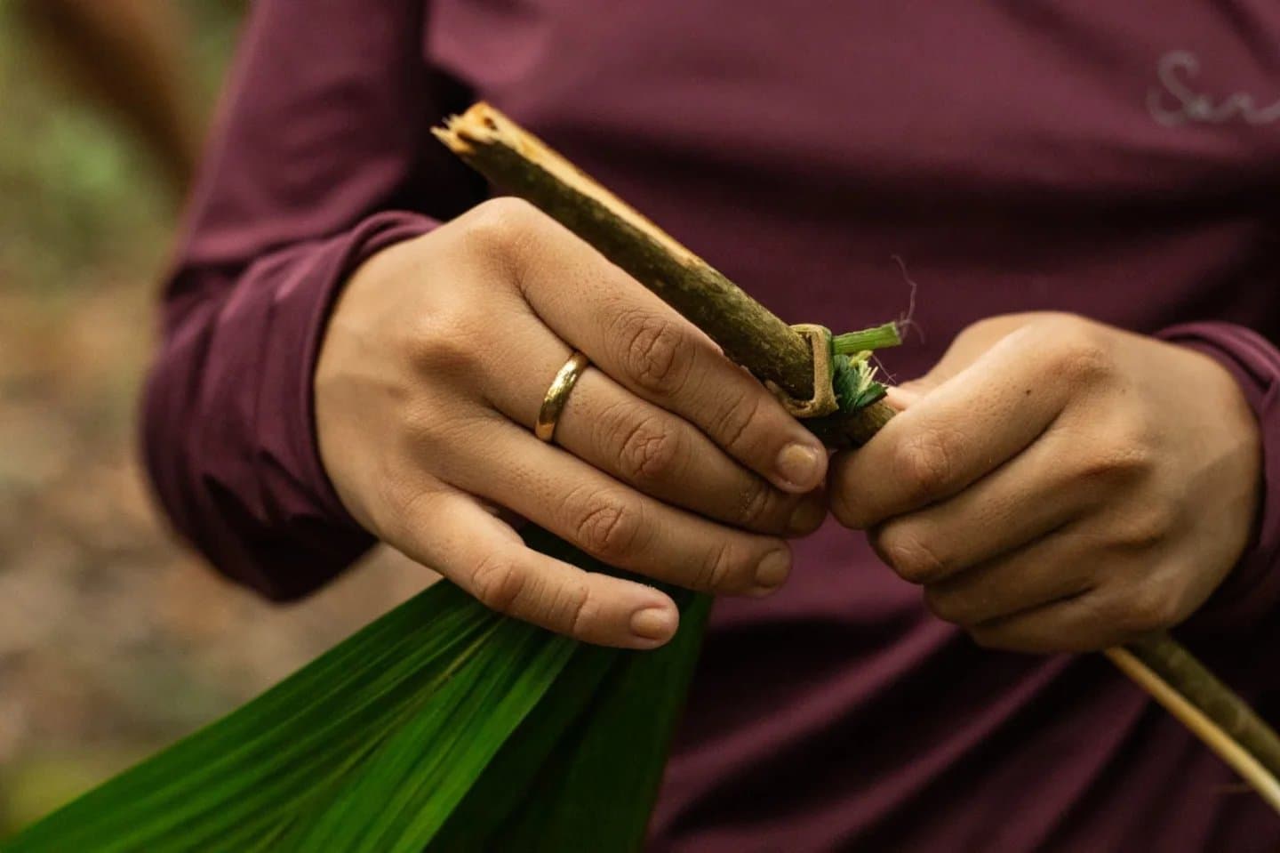 La forêt ne manque de rien, à condition de savoir regarder. Gros plan de mains attachant un bâton en bois à des feuilles de palmier vertes lors d'un atelier de survie en Amazonie