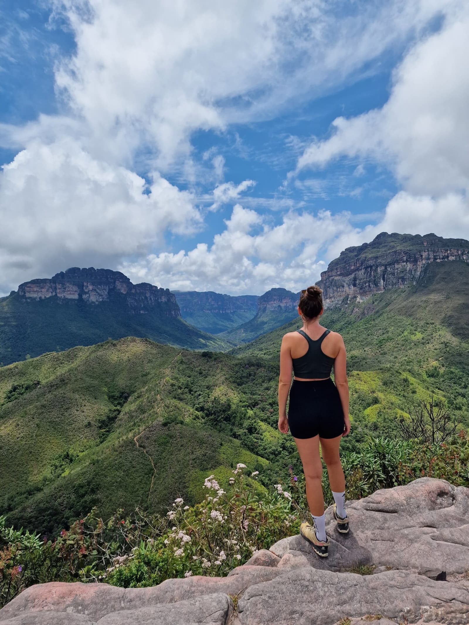 A vista que faz esquecer quantos quilômetros faltam para o acampamento. Uma caminhante de pé em um afloramento rochoso contempla um vale verde e amplo cercado por escarpas de arenito durante uma trilha na Chapada Diamantina, sob um céu azul com nuvens imponentes