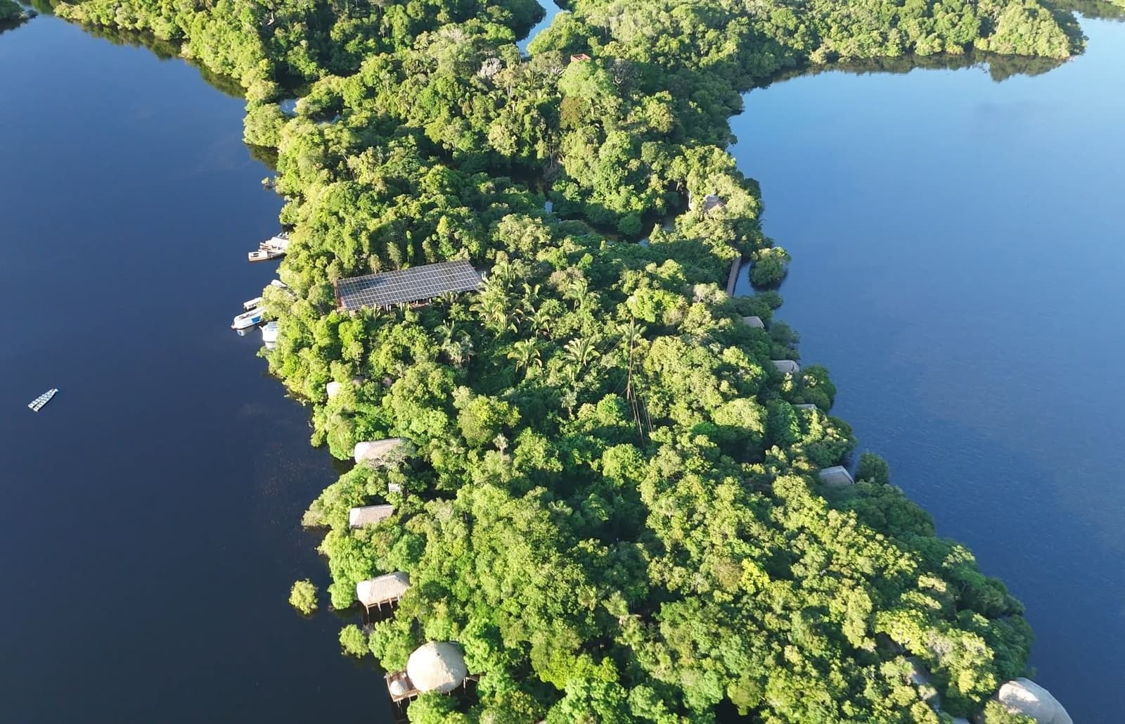 Ein Lodge, die sich so tief im Blätterdach versteckt, dass man sie kaum findet. Luftaufnahme der Juma Amazon Jungle Lodge auf einer dicht bewaldeten Flussinsel, umgeben von dunklem Amazonaswasser, mit Strohdach-Bungalows und Solarpanelen im Blätterdach