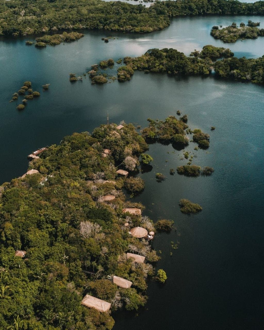 Irgendwo da unten, zwischen all dem Grün, wartet eine Hängematte auf dich. Luftaufnahme der Juma Amazon Jungle Lodge, eingebettet in dichten Regenwald auf einer Flussinsel, mit strohgedeckten Bungalows zwischen den Baumkronen und dunklem Amazonaswasser ringsum