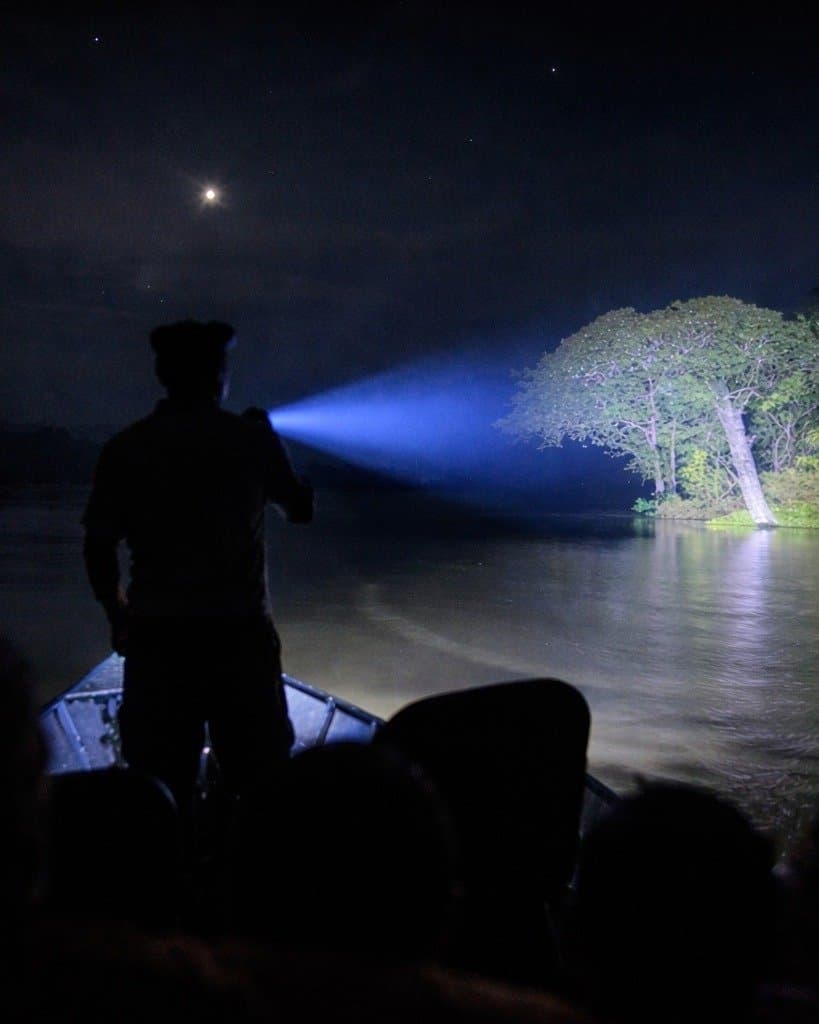 Nachts bestimmt derjenige das Tempo, der das Licht hält. Silhouette eines Guides, der auf dem Bug eines kleinen Bootes steht und bei einer Nachttour der Juma Amazon Jungle Lodge einen hellen Scheinwerfer über einen dunklen Fluss auf einen großen Baum richtet, während ein Halbmond am Sternenhimmel leuchtet