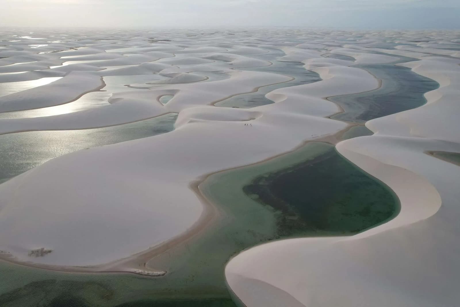 Duinen die hun eigen meren hebben aangelegd. Brazilië doet het anders. Luchtfoto van het Lençóis Maranhenses-landschap: eindeloze witte zandduinen afgewisseld met donkergroene en turquoise zoetwaterlagunen tot aan de horizon, met minuscule menselijke figuren zichtbaar op de middenvlakte