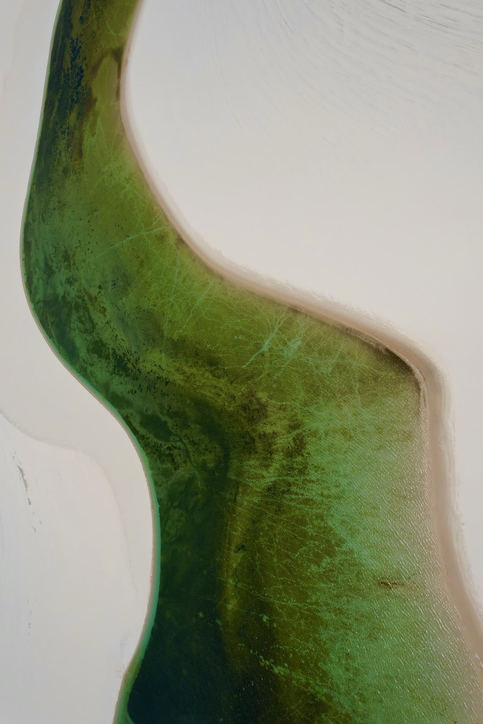 Vanuit de lucht tekent het water zijn eigen weg door het witte zand. Close-up van een sierlijk gebogen groen glazen sculptuur met organische vormen tegen een witte muur