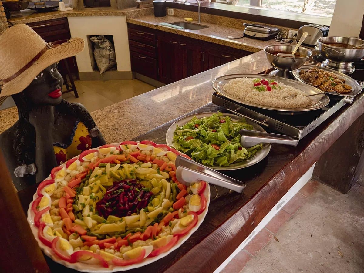 Lunch at the lodge hits different after a morning out in the wild. A colourful buffet spread at a Pantanal tour from Campo Grande ecolodge, featuring a decorated vegetable and egg salad platter, fresh green salad, rice garnished with red peppers, and fried dishes on a granite counter beside a traditional ceramic figurine