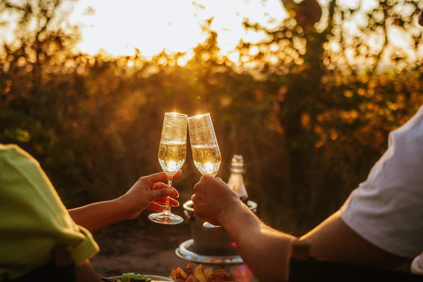 Un verre levé, le soleil du Cerrado qui fait le reste. Deux hôtes trinquent avec des flûtes de champagne à la Pousada Trijunção lors d'un coucher de soleil doré sur le Cerrado