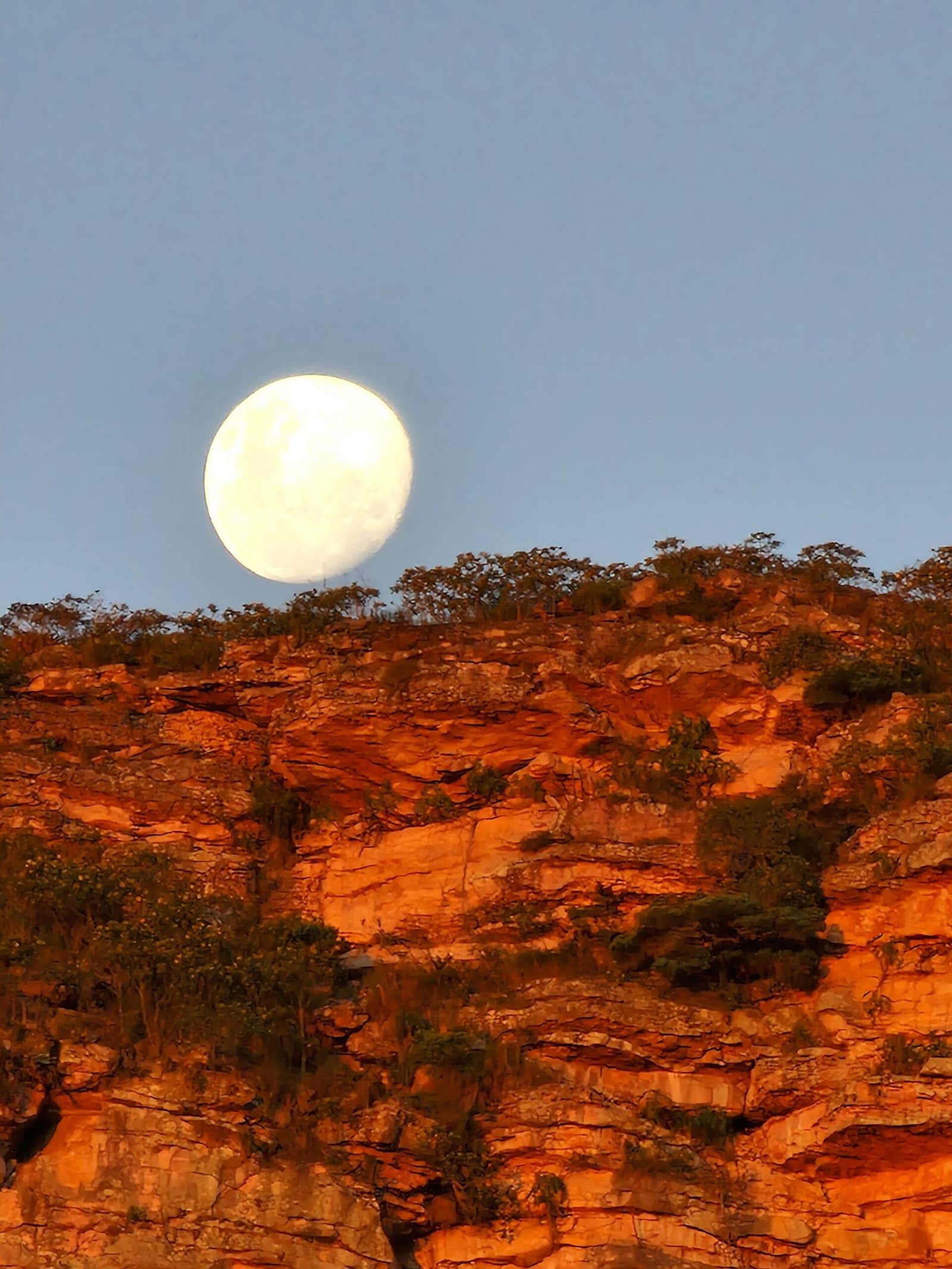 Tem lua nova não, tem lua enorme, subindo devagar sobre a pedra. Uma lua quase cheia nascendo acima de falésias de arenito vermelho com vegetação de cerrado no Vale do Pati Trek, sob um céu azul crepuscular
