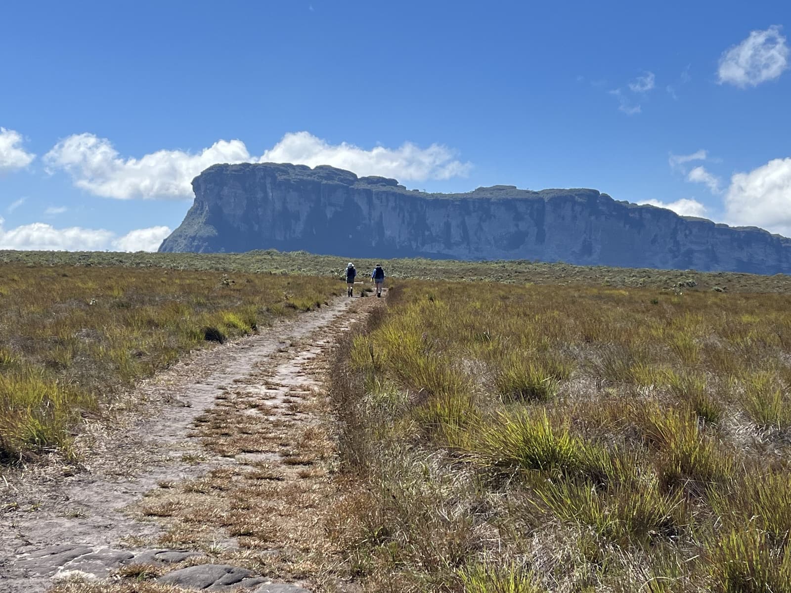 A chapada te deixa chegar no seu próprio ritmo, e no dela. Dois caminhantes percorrem uma trilha pedregosa pelos campos abertos do Vale do Pati Trek, com uma imponente chapada de arenito de topo plano sob um céu azul ao fundo