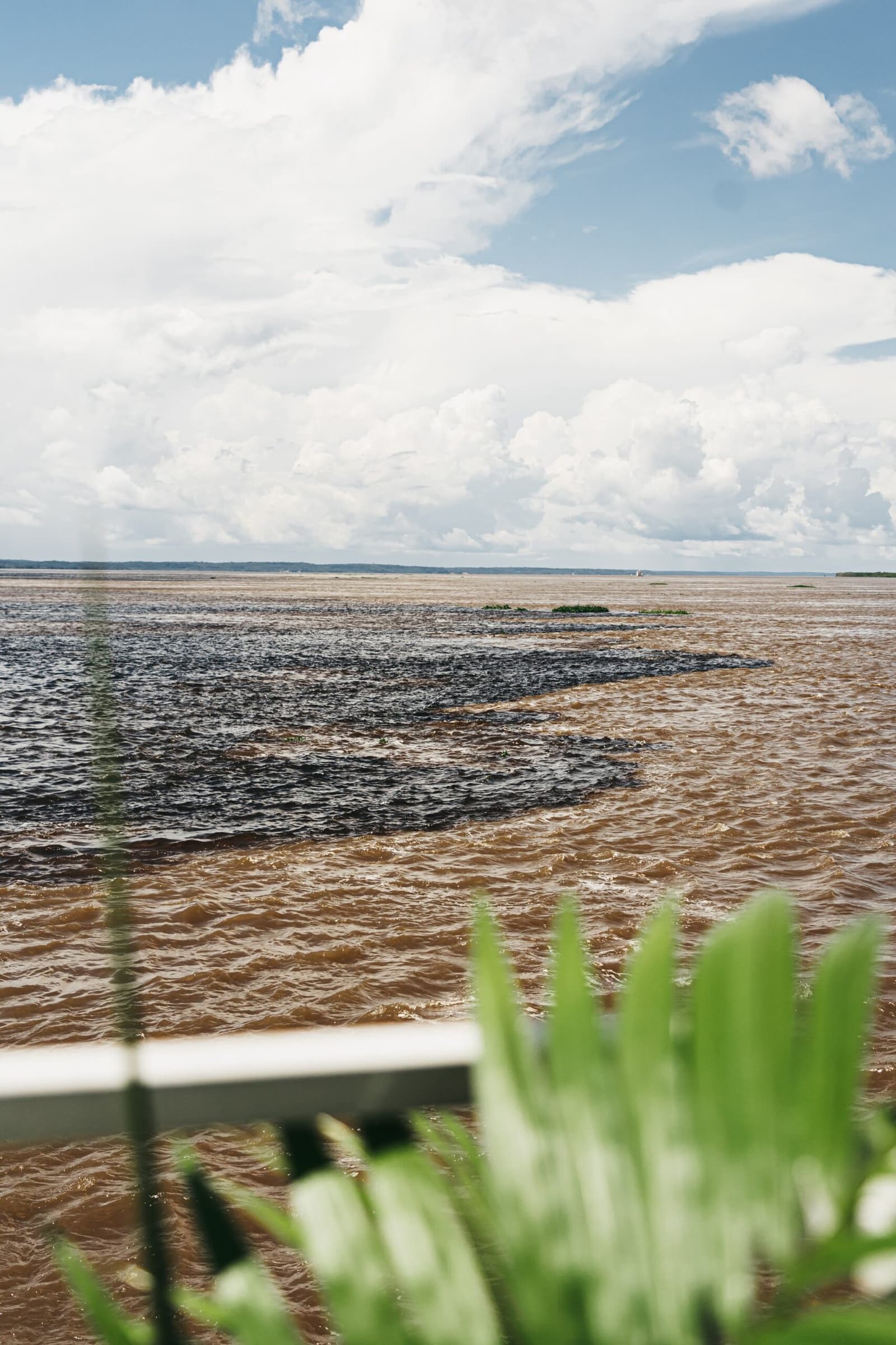 Zwei Flüsse, eine Oberfläche, kein Kompromiss. Das Treffen der Gewässer vom Bootsgeländer aus gesehen, wo der dunkle Rio Negro und der sandbraune Solimões nebeneinander fließen, ohne sich zu vermischen, unter einem bewölkten Himmel bei einer Amazonas-Kreuzfahrt in Brasilien