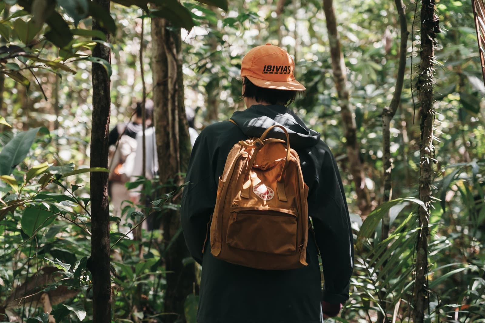 Der Person vor dir folgen, Augen auf, immer weiter. Eine Person mit orangefarbener Kappe und braunem Rucksack wandert auf einem schattigen Dschungelpfad durch dichten Regenwald, andere Reisende sind in der Ferne zu sehen.