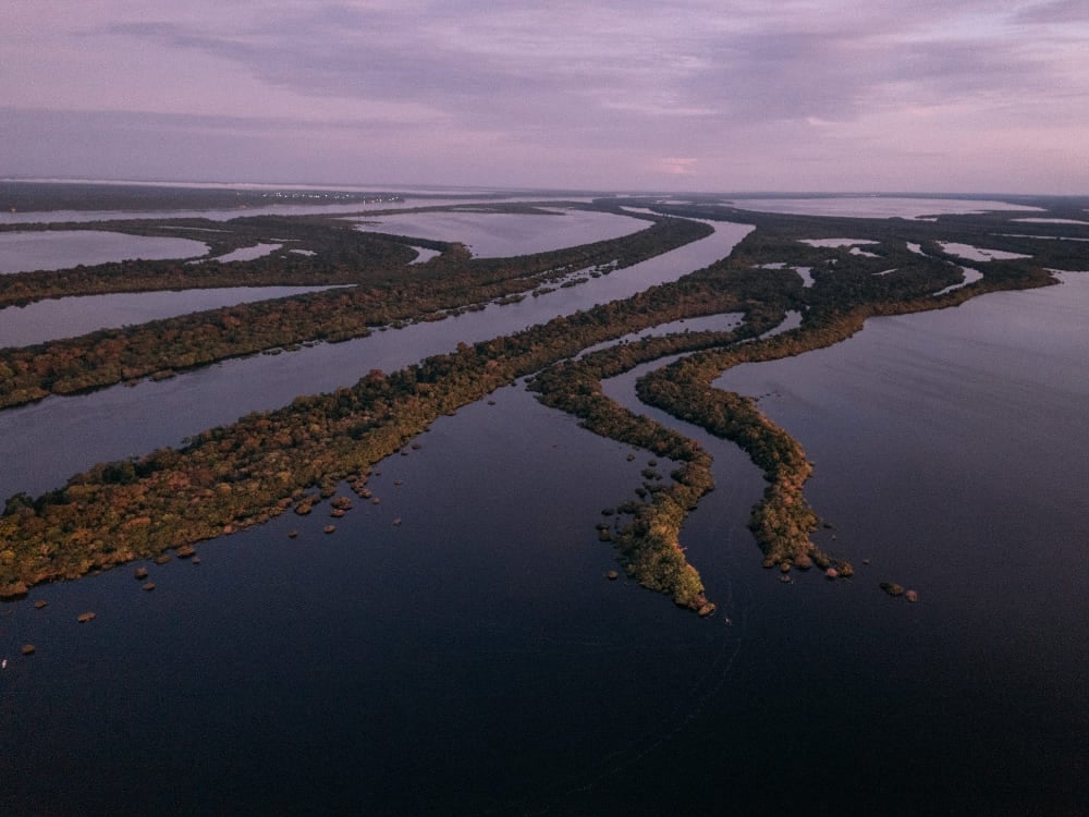 Aerial panorama of the Amazon river channels and lush green islands, highlighting the massive watershed and freshwater ecosystem of the basin. Aerial panorama of the Amazon river channels and lush green islands, highlighting the massive watershed and freshwater ecosystem of the basin.