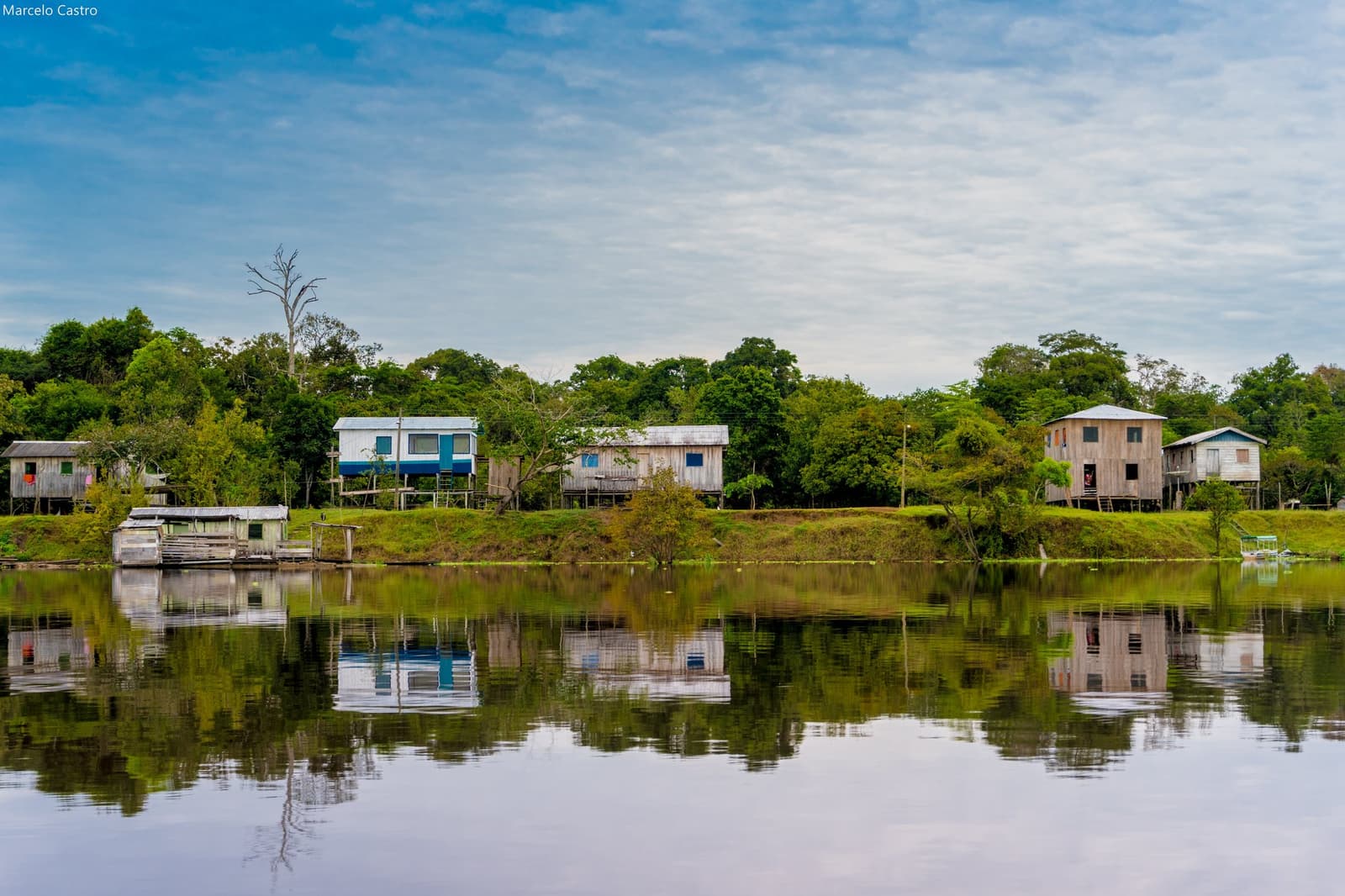 Stilts, still water, and a village built around the river's rhythm. Wooden stilt houses reflected in a calm river channel, with dense rainforest canopy behind them — a riverside community seen during an amazon rainforest ecolodge trip in brazil