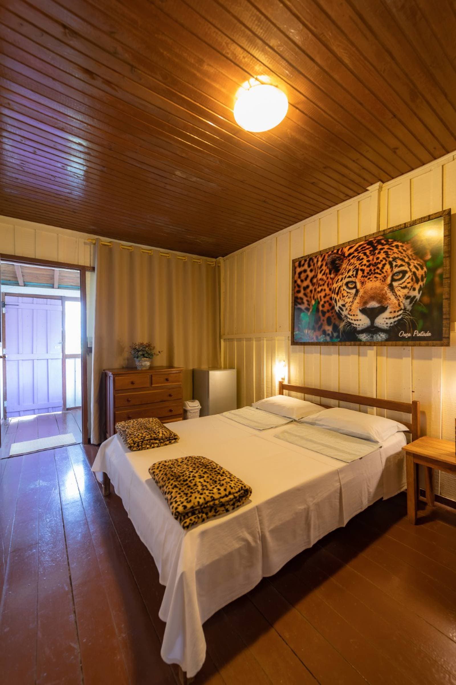 Sleep under the gaze of a jaguar — rustic charm included. Cosy double room at a budget Pantanal tour lodge, featuring a warm wooden ceiling, leopard-print blankets on the bed, and a large jaguar portrait on the wall