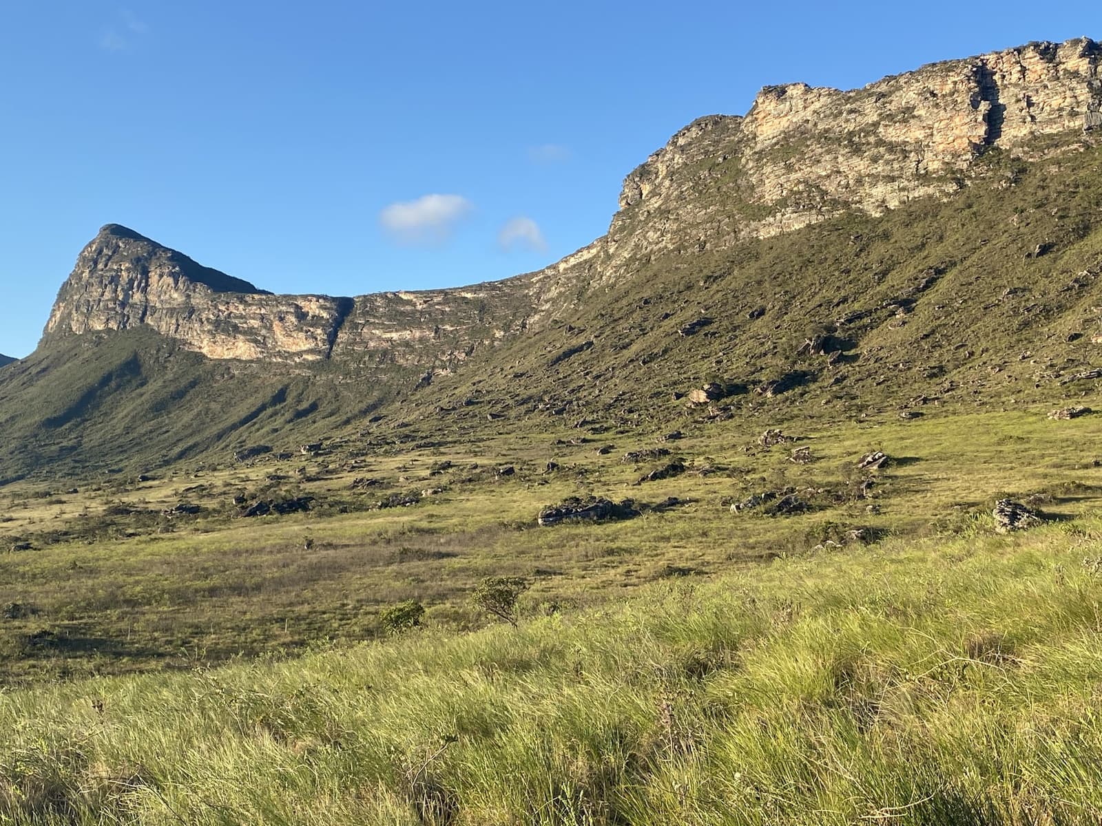 Vast silence, ancient rock, endless green — the valley opens up. Wide open grassland valley framed by towering sandstone escarpments under a clear blue sky on the Chapada Diamantina trek
